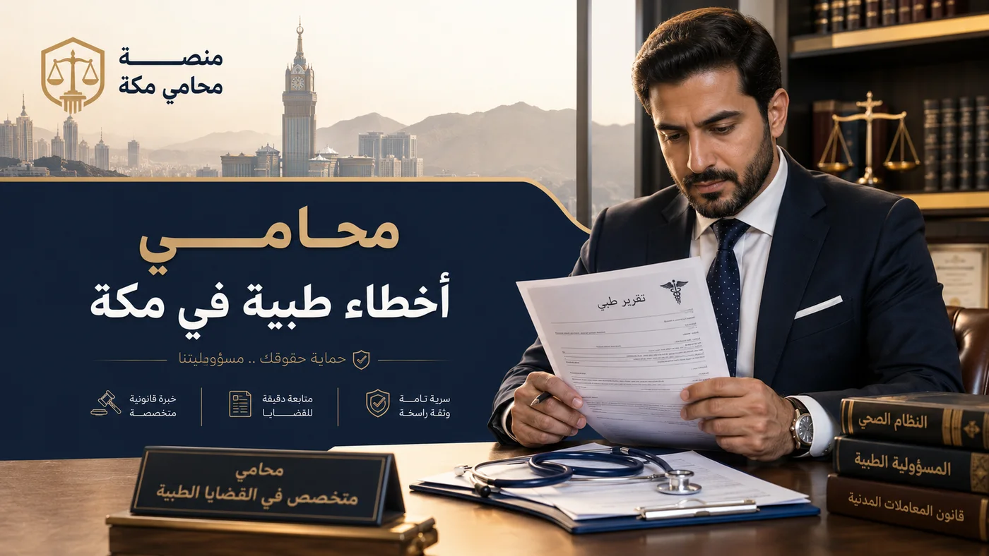غلاف صفحة محامي أخطاء طبية في مكة بهوية منصة محامي مكة