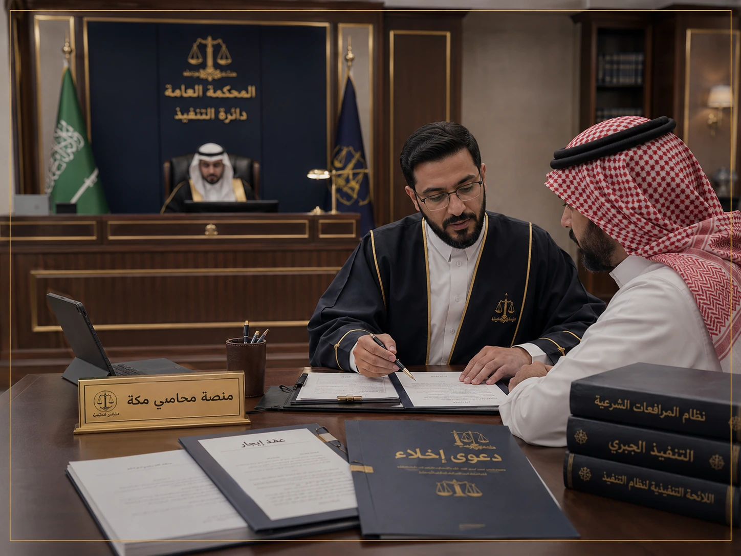 قاعة محكمة ومشهد قانوني مرتبط بإخلاء العقار