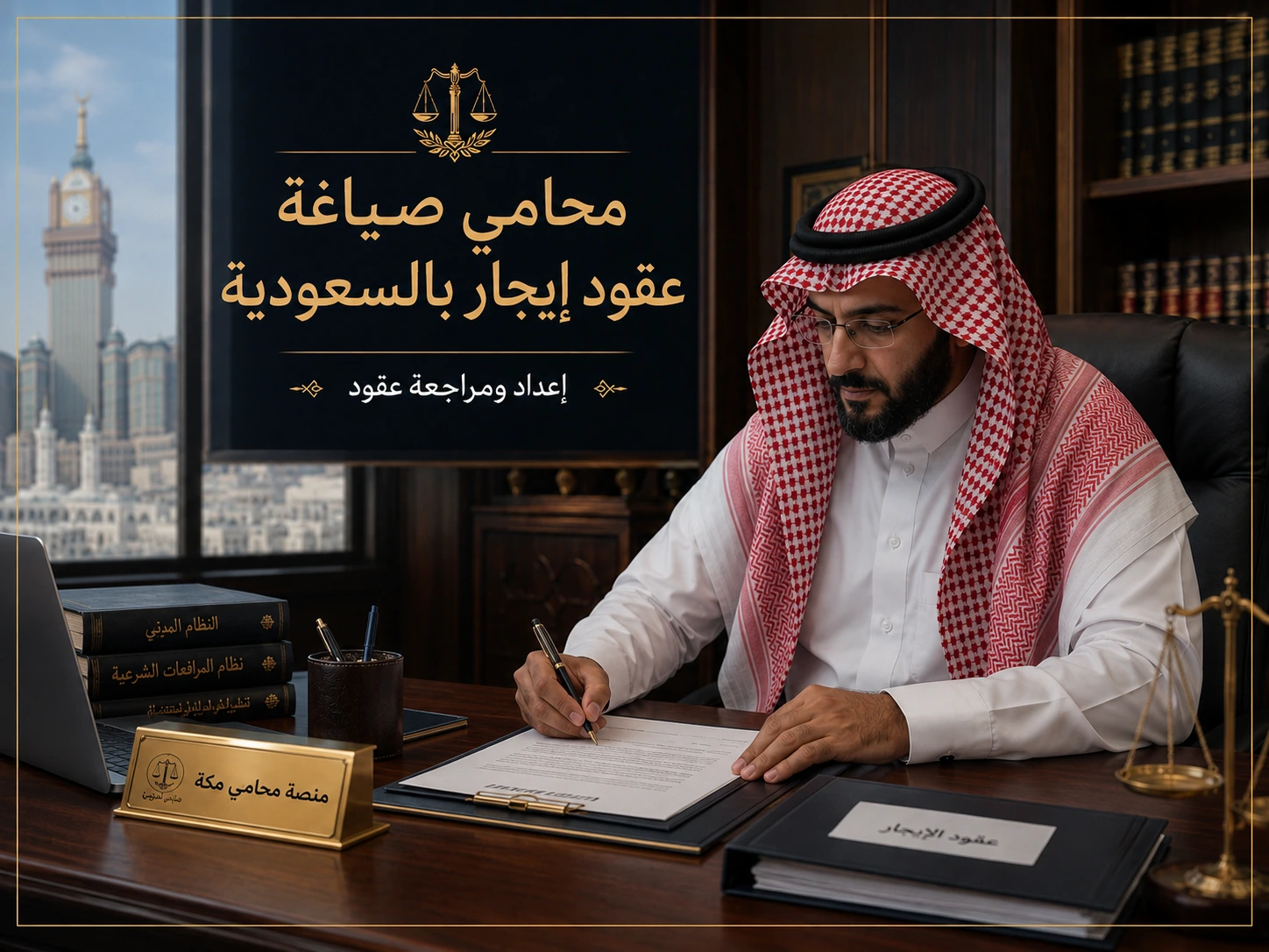 محامي يراجع عقد إيجار في مكتب محاماة سعودي