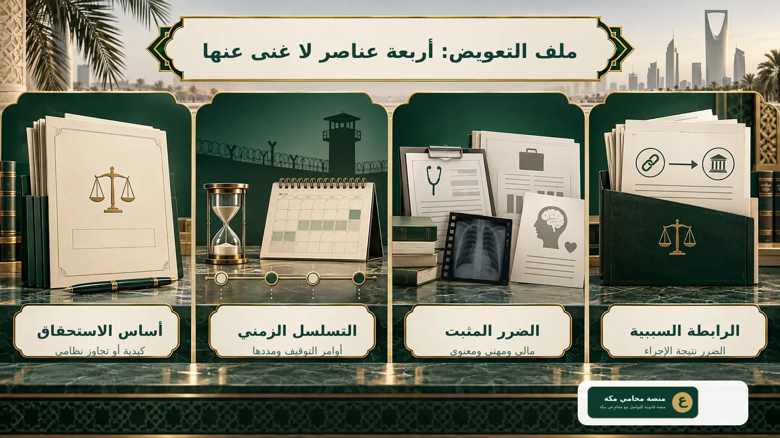 إنفوجرافيك يوضح عناصر ملف التعويض عن الاتهام الكيدي أو تجاوز مدة التوقيف: الأساس والتسلسل الزمني والضرر والسببية