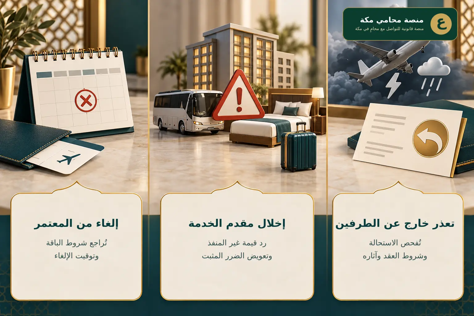 إنفوجرافيك يوضح الفرق بين إلغاء المعتمر وإخلال مقدم الخدمة وتعذر التنفيذ