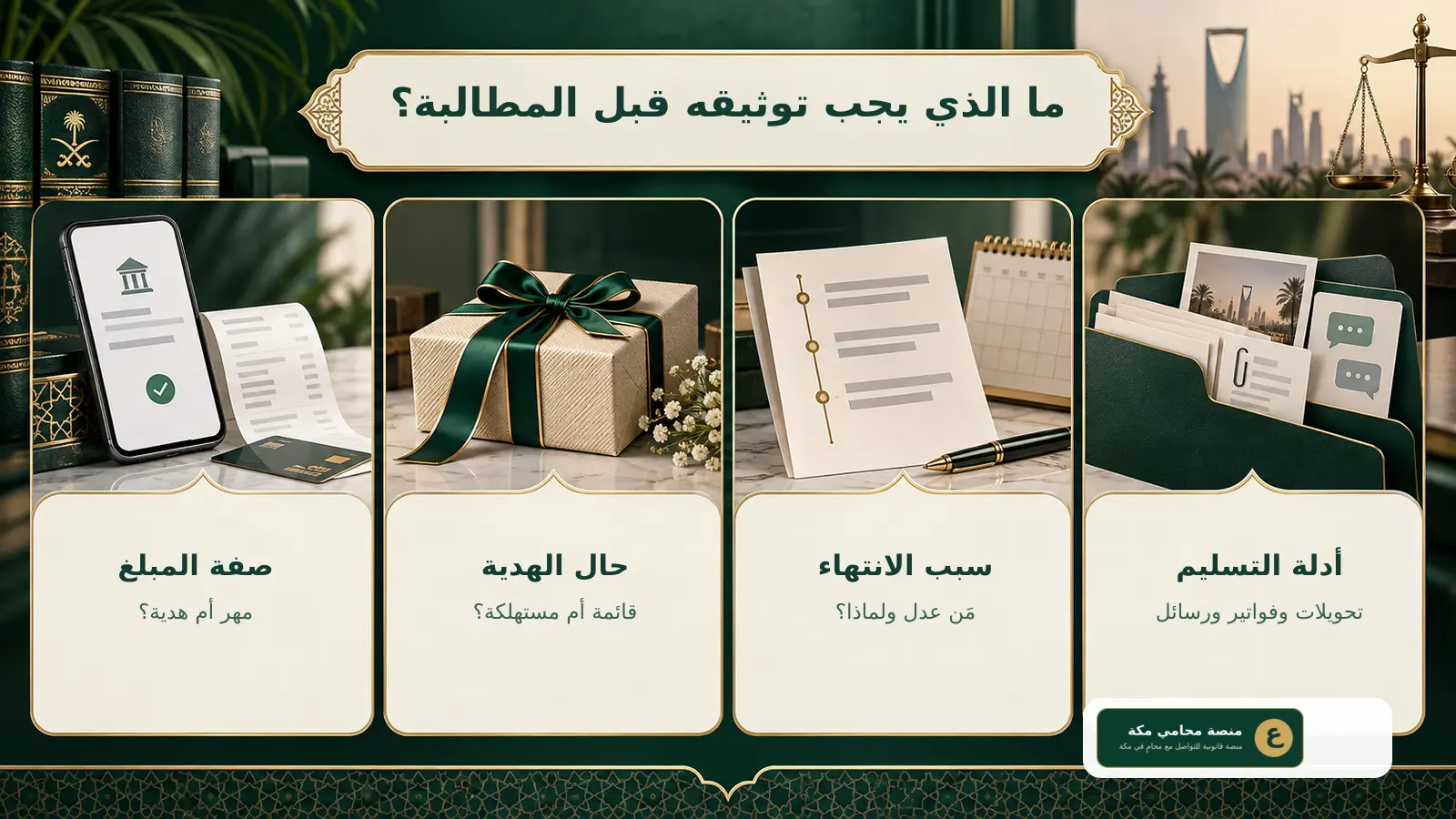 إنفوجرافيك يوضح أدلة المطالبة بالمهر وهدايا الخطوبة: صفة المبلغ وحال الهدية وسبب الانتهاء وأدلة التسليم
