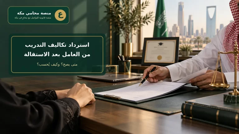 صورة غلاف مخصصة لمراجعة اتفاق تدريب موظف وتكاليفه في السعودية تحمل شعار منصة محامي مكة