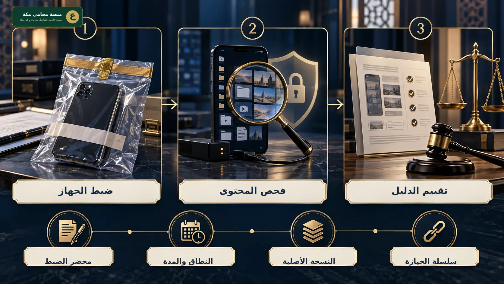 مراحل ضبط الجوال وفحص المحتوى وتقييم الدليل الرقمي