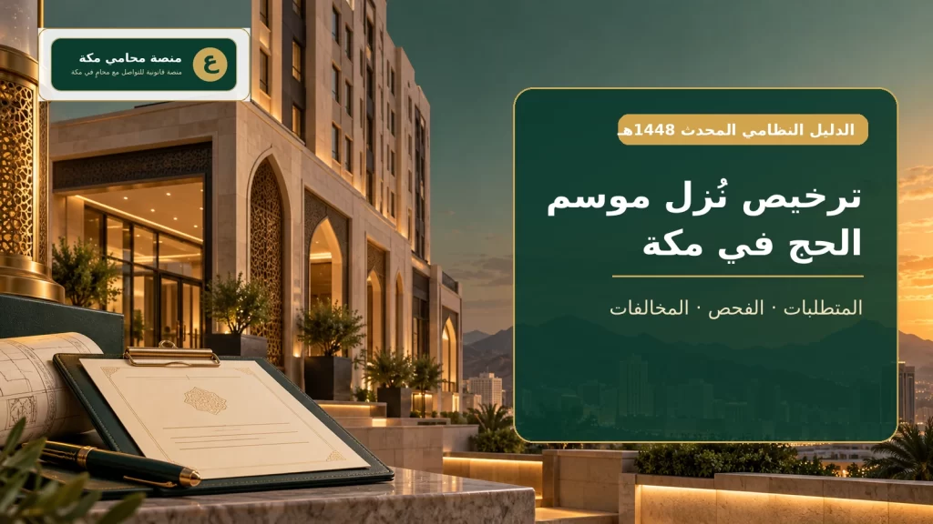 غلاف دليل ترخيص نُزل موسم الحج 1448هـ في مكة مع مبنى ضيافة وشعار منصة محامي مكة