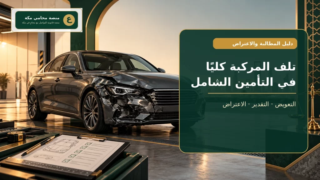 مركبة متضررة في مركز تقدير لشرح تعويض الهلاك الكلي في التأمين الشامل