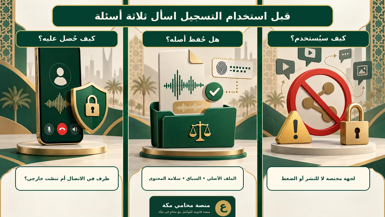 إنفوجرافيك يوضح أسئلة فحص تسجيل المكالمات من حيث طريقة الحصول والأصل وطريقة الاستخدام