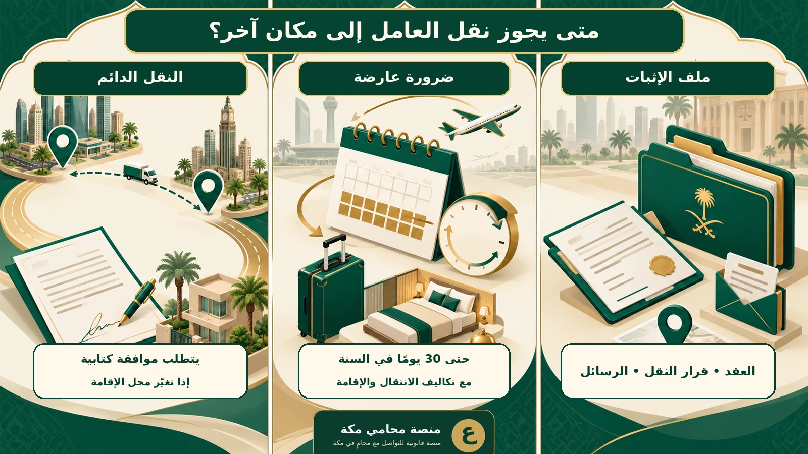 إنفوجرافيك يوضح متى يشترط نقل العامل موافقة كتابية وحالة الضرورة العارضة والأدلة المهمة