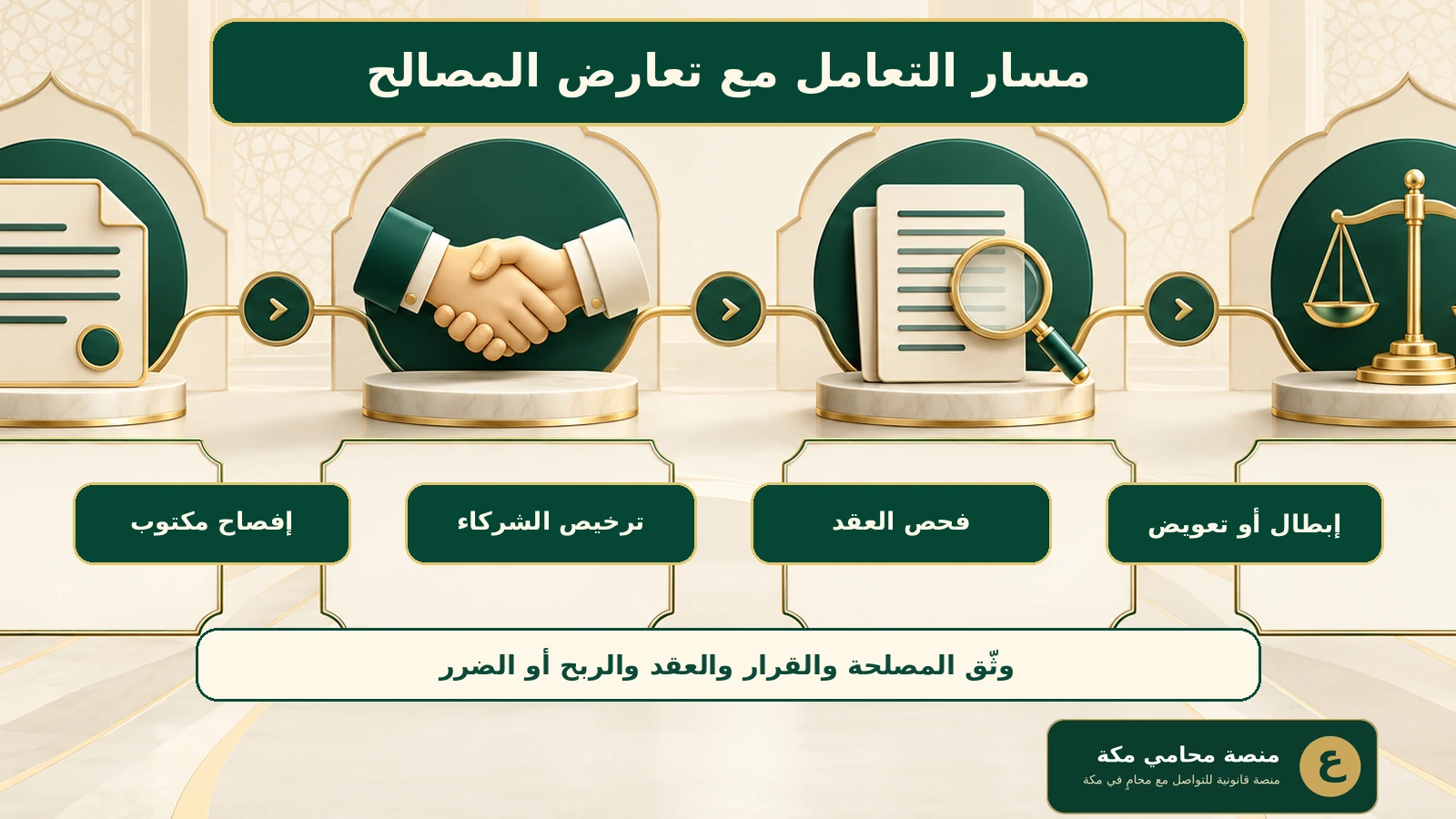 إنفوجرافيك يوضح مسار الإفصاح والترخيص وفحص عقد تعارض مصالح مدير الشركة والمطالبة القضائية