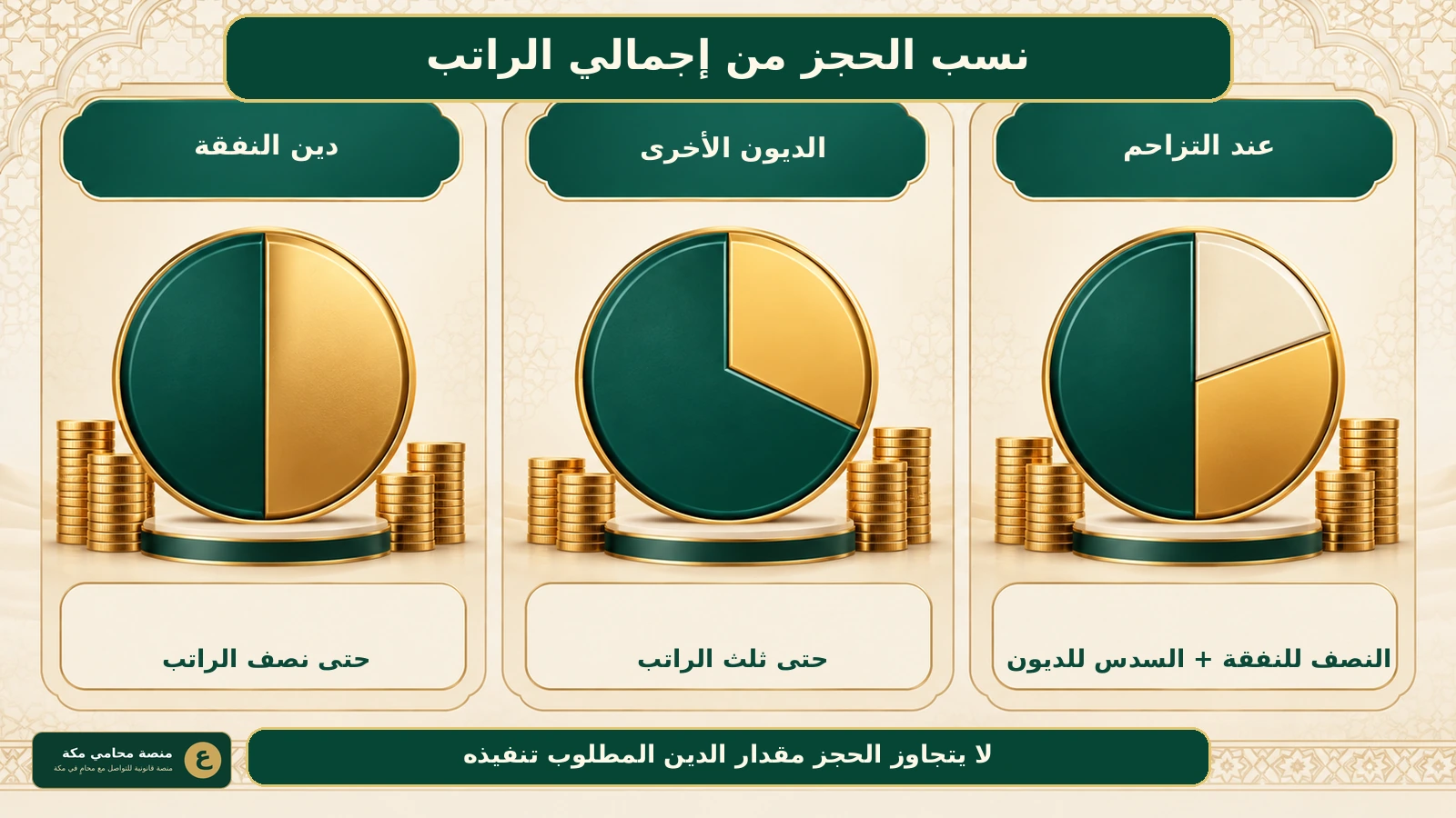 إنفوجرافيك يوضح نسب الحجز على الراتب للنفقة والديون الأخرى وعند التزاحم في السعودية